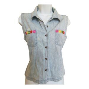 Vintage 1980s Jordache Light wash Denim tank top blouse Flowers Size M